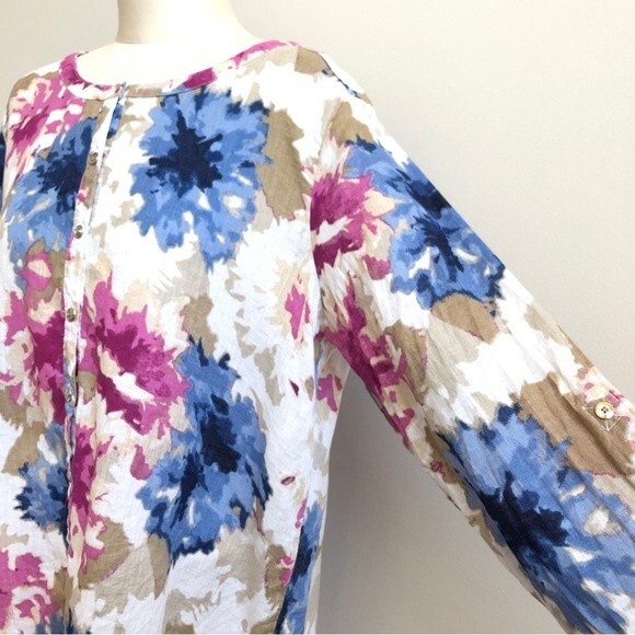 JM Collection Blouse Womens 14 Purple Blue Linen Watercolor Floral Asymmetrical - Picture 7 of 12